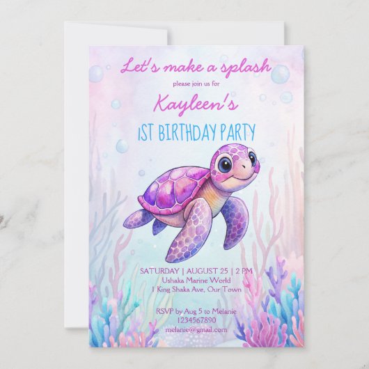 Onder het zee schattige schildpad roze paarse verj kaart (Voorkant)