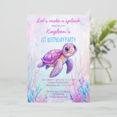 Onder het zee schattige schildpad roze paarse verj kaart (Staand voorkant)