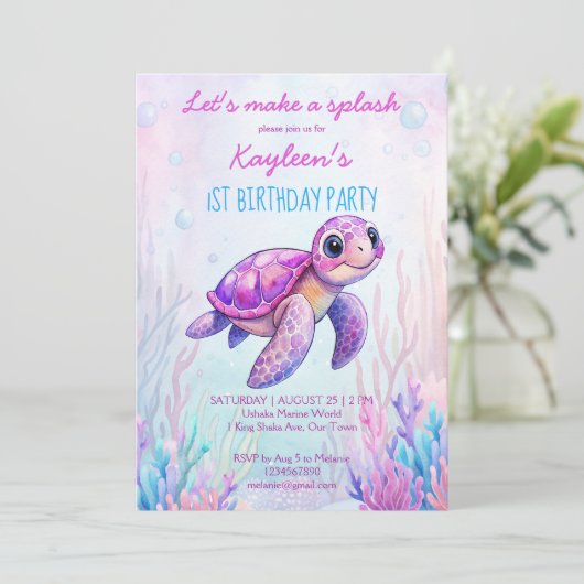 Onder het zee schattige schildpad roze paarse verj kaart (Staand voorkant)