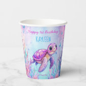 Onder het zee schattige schildpad roze paarse verj papieren bekers (Achterkant)