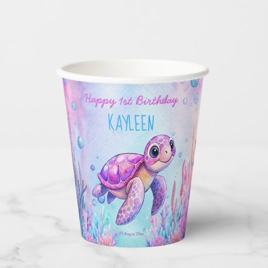 Onder het zee schattige schildpad roze paarse verj papieren bekers (Voorkant)