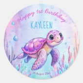 Onder het zee schattige schildpad roze paarse verj ronde sticker (Voorkant)