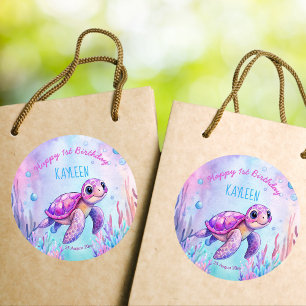 Onder het zee schattige schildpad roze paarse verj ronde sticker