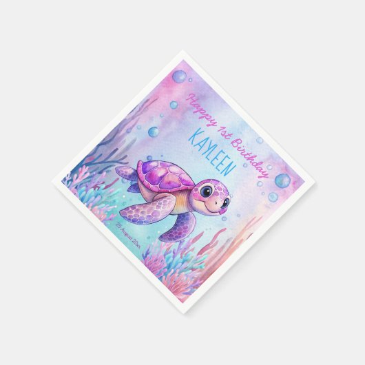 Onder het zee schattige schildpad roze paarse verj servet (Hoek)