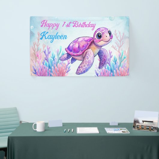 Onder het zee schattige schildpad roze vrolijke ve spandoek (Beurs)