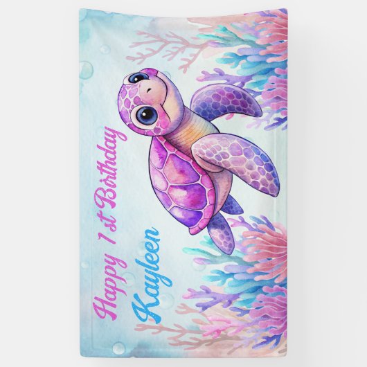 Onder het zee schattige schildpad roze vrolijke ve spandoek (Verticaal)