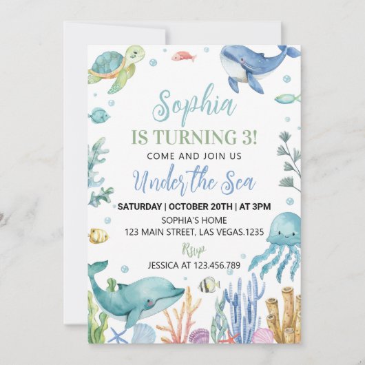 Onder het Zee Schattigee Oceaan Dieren Verjaardag Kaart (Voorkant)