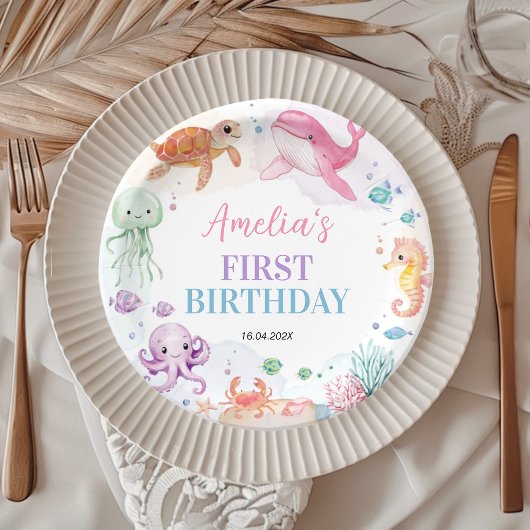 Onder het Zee Schattigee Oceaan Dieren Verjaardag Papieren Bordje