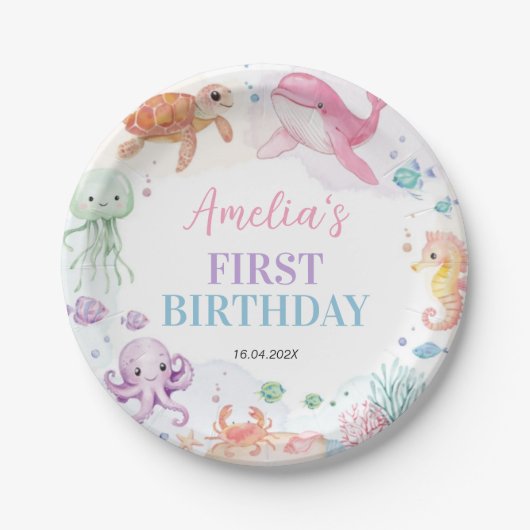 Onder het Zee Schattigee Oceaan Dieren Verjaardag Papieren Bordje (Voorkant)