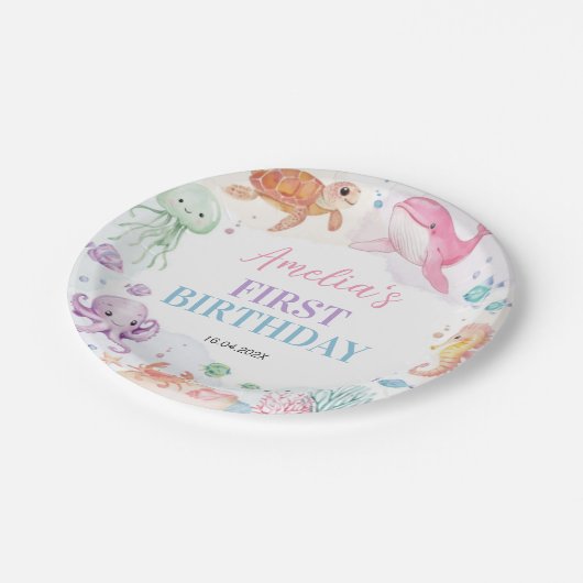 Onder het Zee Schattigee Oceaan Dieren Verjaardag Papieren Bordje (Gekanteld)