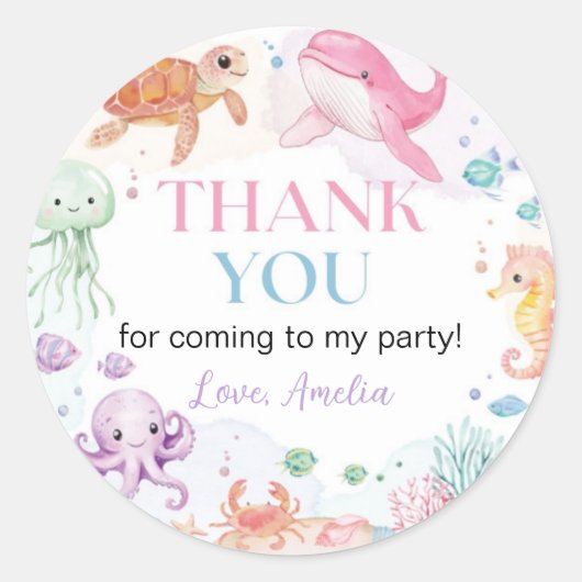 Onder het Zee Schattigee Oceaan Dieren Verjaardag Ronde Sticker (Voorkant)