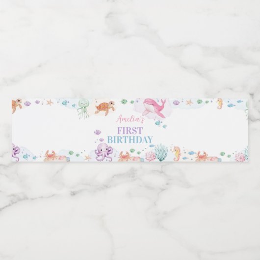 Onder het Zee Schattigee Oceaan Dieren Verjaardag Waterfles Etiket (Enkel label)