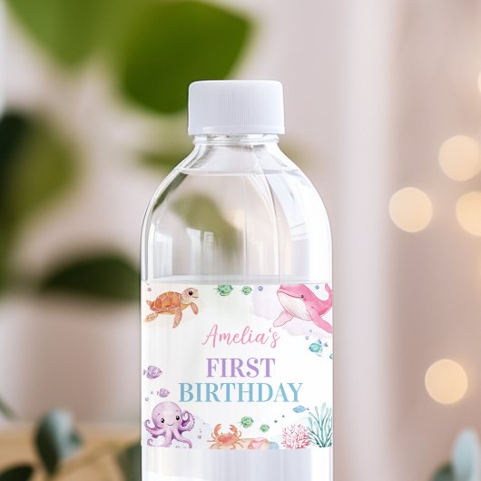 Onder het Zee Schattigee Oceaan Dieren Verjaardag Waterfles Etiket