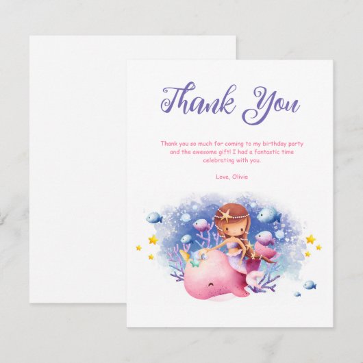 Onder het Zee, Schattigee zeemeerminverjaardag Bedankkaart (Voorkant / Achterkant)