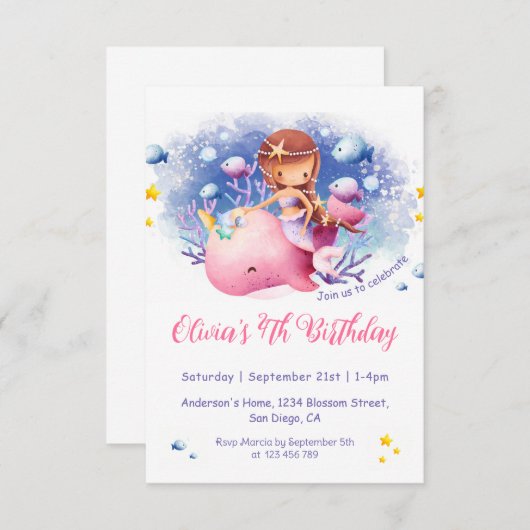 Onder het Zee, Schattigee zeemeerminverjaardag Kaart (Voorkant / Achterkant)