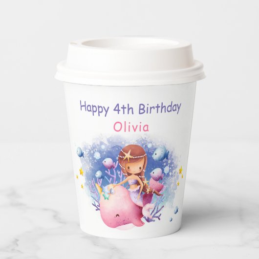 Onder het Zee, Schattigee zeemeerminverjaardag Papieren Bekers (Achterkant)
