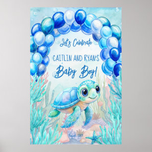 Onder het zee schildpad aqua blauw baby shower bac poster