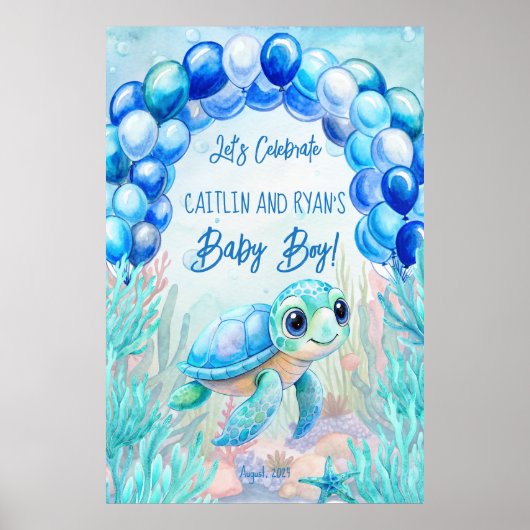 Onder het zee schildpad aqua blauw baby shower bac poster (Voorkant)