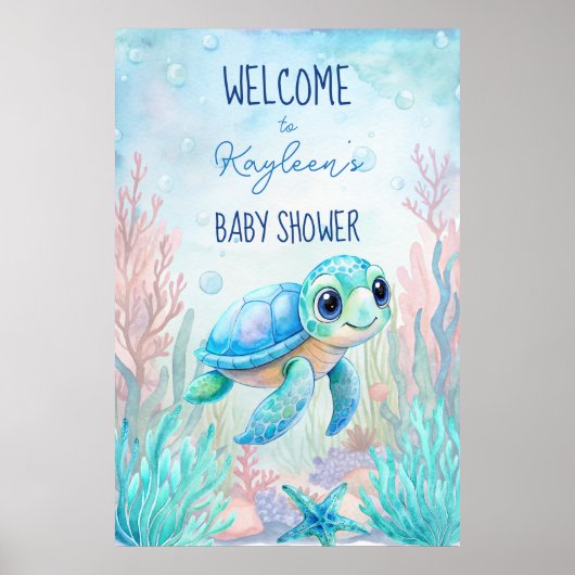 Onder het zee schildpad aqua blauw baby shower bac poster (Voorkant)