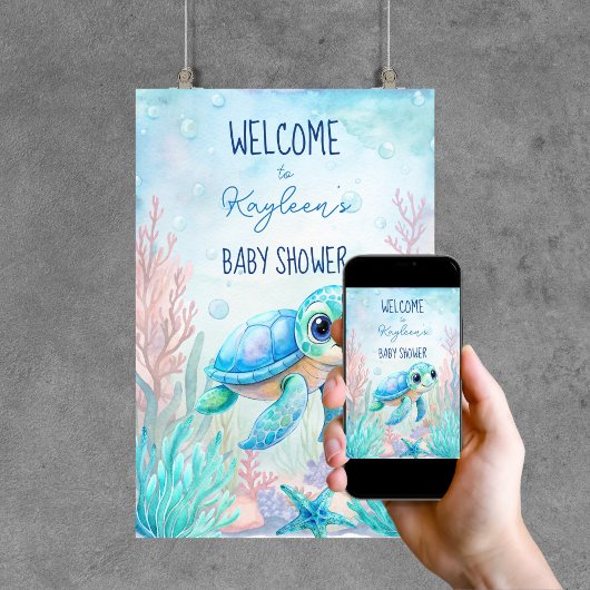 Onder het zee schildpad aqua blauw baby shower bac poster