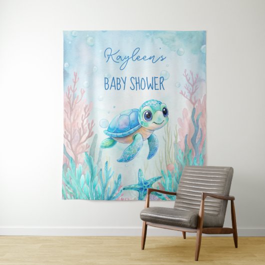 Onder het zee schildpad aqua blauw baby shower bac wandkleed (In situ)