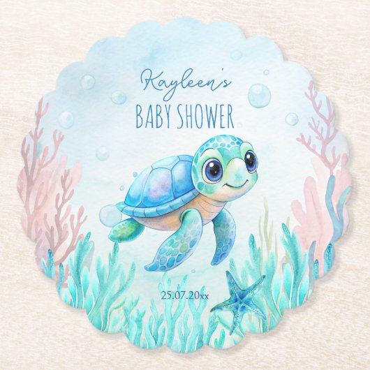 Onder het zee schildpad aqua blauw baby shower gun kartonnen onderzetters (Voorkant)