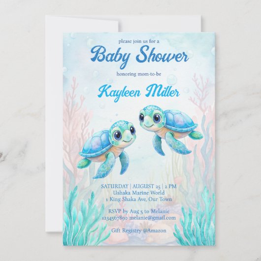 Onder het zee schildpad aqua blue twins baby showe kaart (Voorkant)