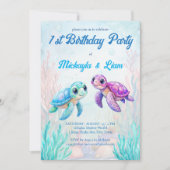 Onder het zee schildpad aqua blue twins verjaardag kaart (Voorkant)