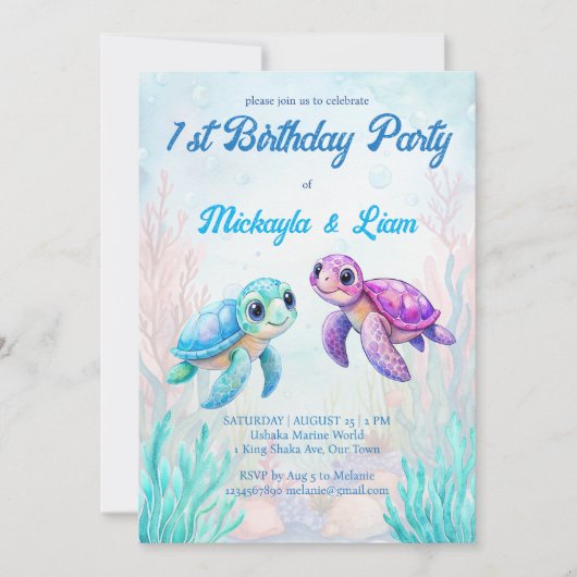 Onder het zee schildpad aqua blue twins verjaardag kaart (Voorkant)