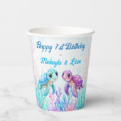 Onder het zee schildpad aqua blue twins verjaardag papieren bekers (Achterkant)