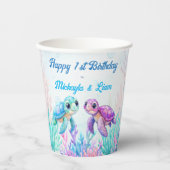 Onder het zee schildpad aqua blue twins verjaardag papieren bekers (Voorkant)