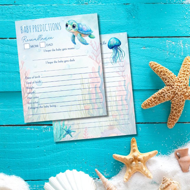 Onder het zee schildpad blauw baby voorspellingen  (Under the sea turtle aqua blue baby predictions and advice for new parents baby shower game cards)