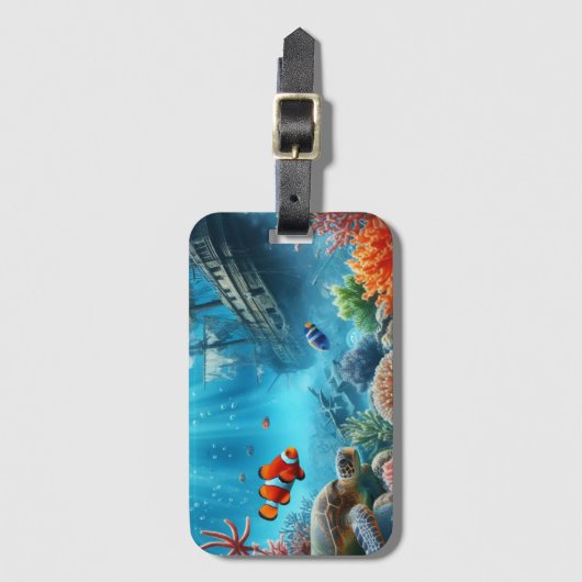 Onder het zee, schildpad, koraal, schip, clownvis bagagelabel (Voorkant (verticaal))