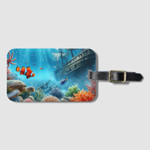Onder het zee, schildpad, koraal, schip, clownvis bagagelabel