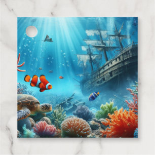 Onder het zee, schildpad, koraal, schip, clownvis bedankjes labels