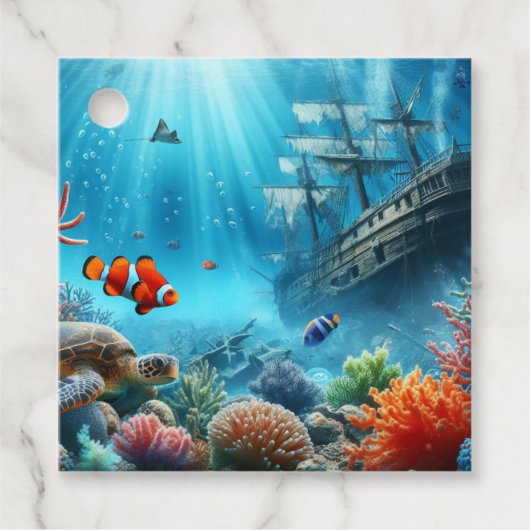 Onder het zee, schildpad, koraal, schip, clownvis bedankjes labels (Voorkant)