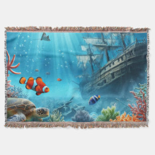 Onder het zee, schildpad, koraal, schip, clownvis deken