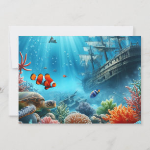 Onder het zee, schildpad, koraal, schip, clownvis feestdagenkaart
