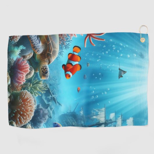 Onder het zee, schildpad, koraal, schip, clownvis golfhanddoek (Horizontaal)