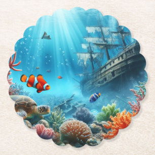 Onder het zee, schildpad, koraal, schip, clownvis kartonnen onderzetters