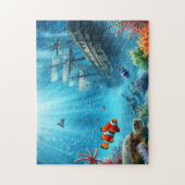 Onder het zee, schildpad, koraal, schip, clownvis legpuzzel (Verticaal)
