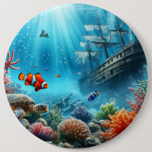 Onder het zee, schildpad, koraal, schip, clownvis ronde button 6,0 cm