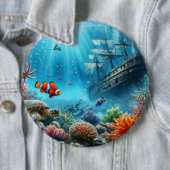 Onder het zee, schildpad, koraal, schip, clownvis ronde button 6,0 cm (In situ)