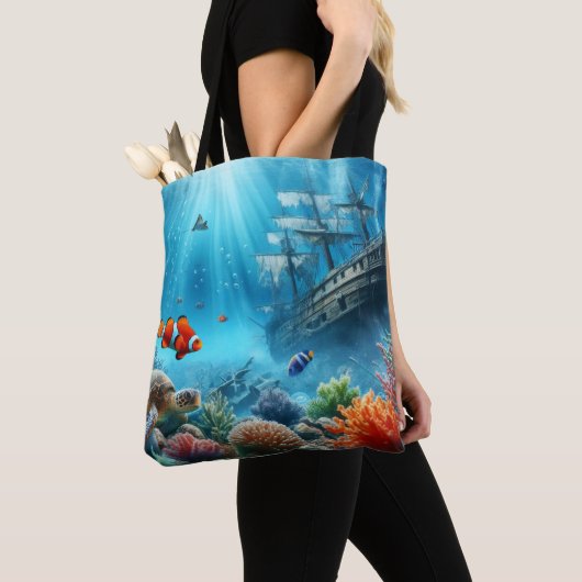 Onder het zee, schildpad, koraal, schip, clownvis tote bag (Dichtbij)