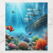 Onder het zee, schildpad, koraal, schip, clownvis wijn etiket (Enkel label)