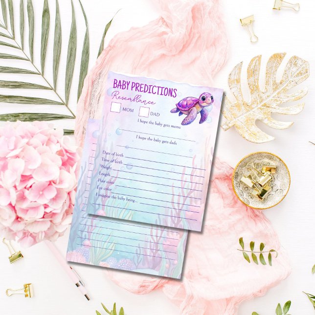 Onder het zee schildpad roze baby voorspellingen a (Under the sea cute turtle pink purple baby predictions and advice for parents baby shower game card)