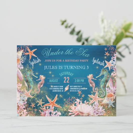 Onder het Zee Seahorse Kids Birthday Party Kaart (Staand voorkant)