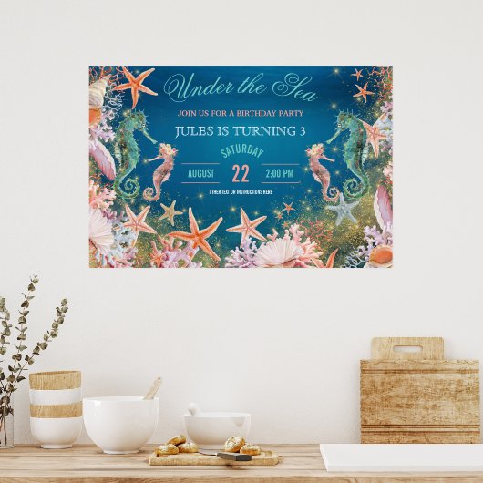 Onder het Zee Seahorse Seashells Birthday Party Poster (Keuken)