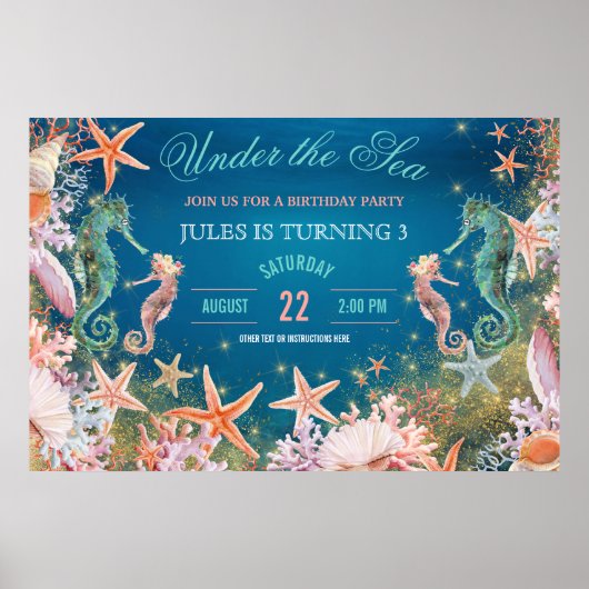 Onder het Zee Seahorse Seashells Birthday Party Poster (Voorkant)