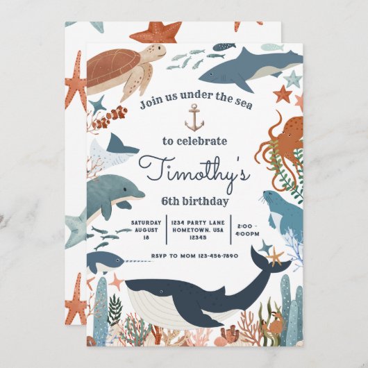 Onder het Zee Shark Whale Turtle Narwhal Verjaarda Kaart (Voorkant / Achterkant)